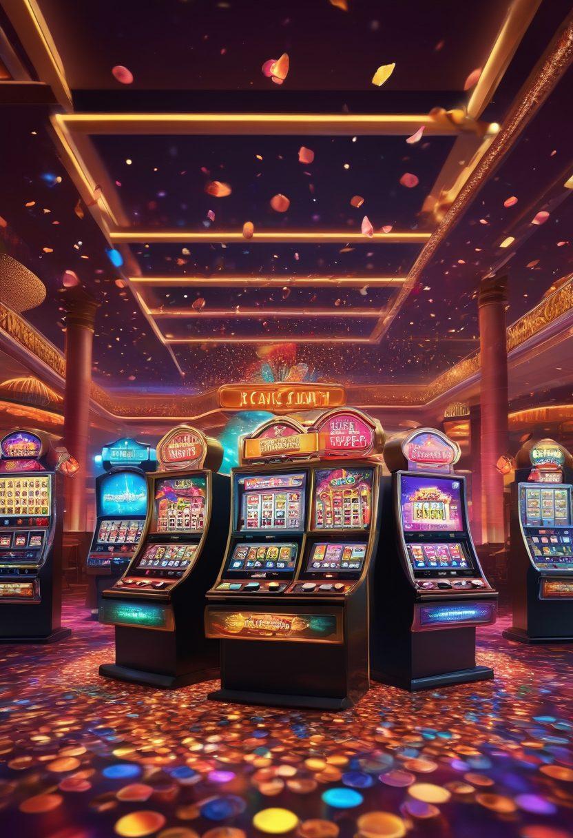 A vibrant and colorful scene showcasing a lively casino filled with glowing penny slots, spinning reels, and ecstatic players celebrating wins. Include elements of online gaming with digital screens and virtual coins swirling around. Create an atmosphere of excitement and joy with confetti falling and bright lights illuminating the space. The background should blend casino and digital worlds. super-realistic. vibrant colors. dynamic composition.